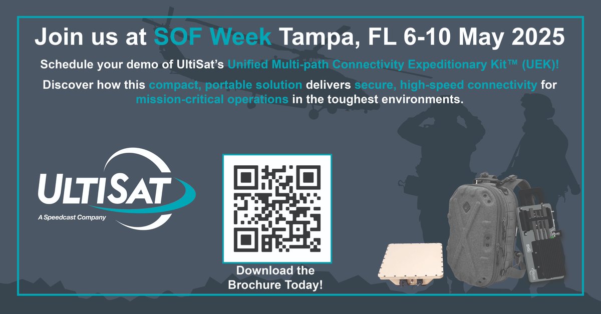 UltisatInc's tweet photo. Heading to SOF Week in Tampa, May 5-8? Connect with us and schedule a demo of UltiSat's Unified Multi-path Connectivity Expeditionary Kit™ (UEK)!
Don't miss the opportunity to see the UEK in action! Reach out today to schedule your demo! #sofweek https://t.co/RdNyar7TI5