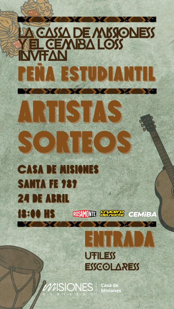 Hola, cómo estás?🙋🏻‍♀️Si sos estudiante misionero en CABA, la Casa y el CEMiBA te invitamos a nuestra primera Peña Estudiantil del año!🎉
📌El 24 de abril a las 18:00 en la Casa de Misiones.