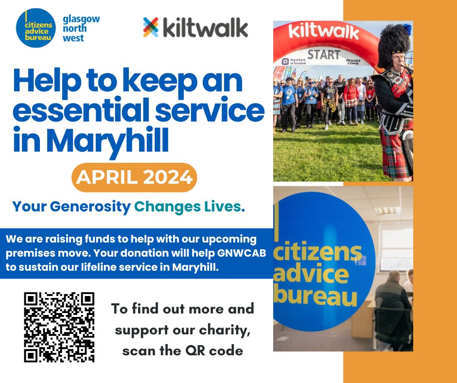 Our team are taking on the Big Stroll Kiltwalk and we need your help!! We're raising essential funds for GNWCAB and our upcoming premises move.

Help keep a lifeline service stay in Maryhill by supporting via our JustGiving page in the link below. Thank you in advance for your