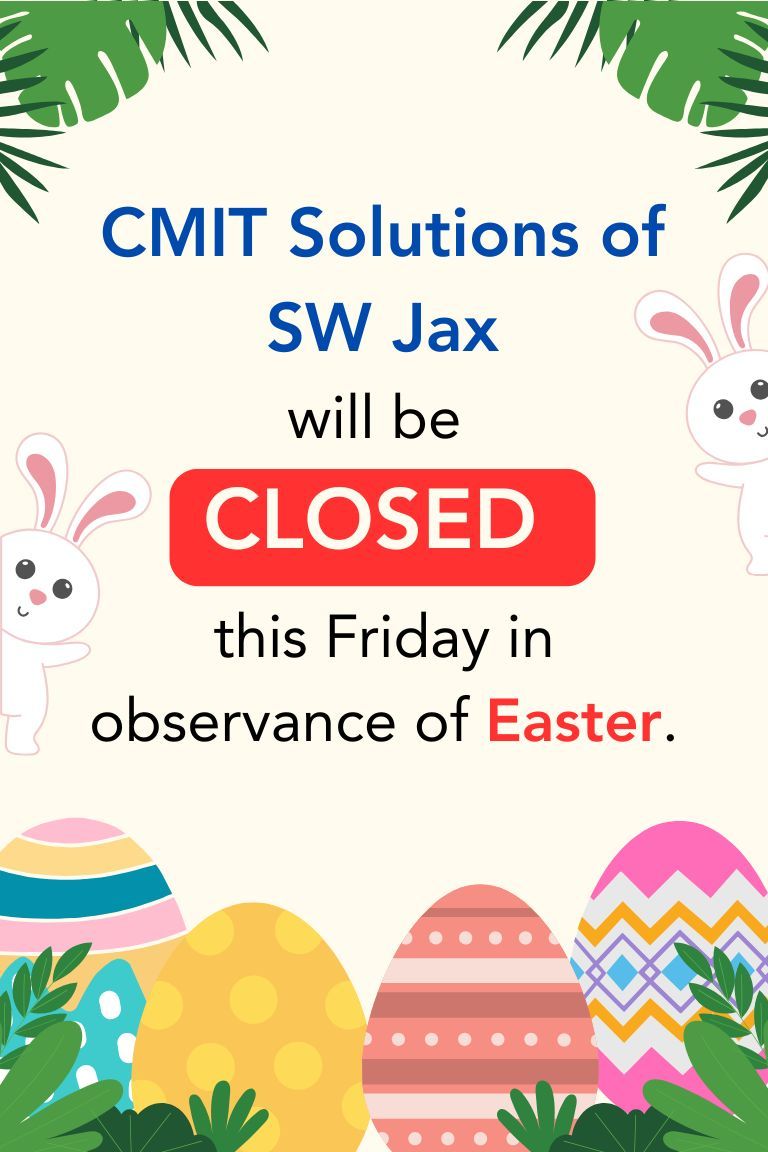 CMITSWJax's tweet photo. CMIT Solutions of SW Jax will be closed this Friday in observance of Easter.

We'll resume normal business hours on Monday.

Wishing you a Happy Easter from all of us at CMIT Solutions!

#HolidayHours #CMITSolutions https://t.co/0KRXMVU04S