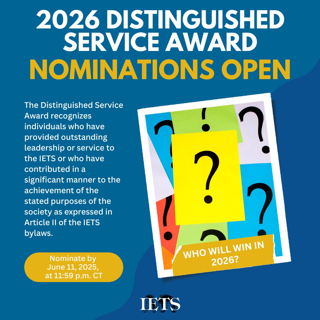 IETS (@iets_org) on Twitter photo The Distinguished Service Award recognizes individuals who have provided outstanding leadership/service to IETS. 🎉
Be sure to submit your nominations for #IETS2026 by June 11 at 11:59 p.m. CT.
Nominate today ➡️ bit.ly/43LGija The Distinguished Service Award recognizes individuals who have provided outstanding leadership/service to IETS. 🎉
Be sure to submit your nominations for #IETS2026 by June 11 at 11:59 p.m. CT.
Nominate today ➡️ bit.ly/43LGija