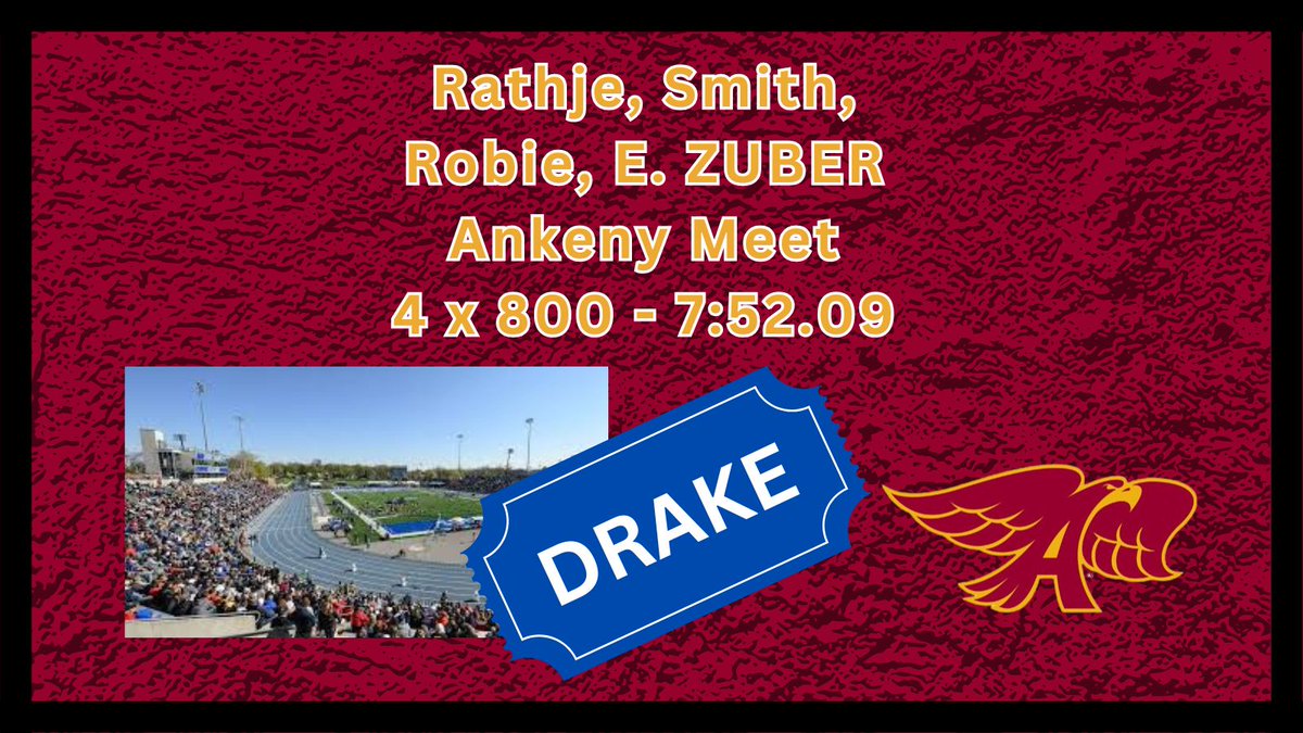 Rathje, Smith, Robie, and E. Zuber hit the DRAKE BLUE STANDARD in the 4x800!
<a href="/DrakeRelays/">Drake Relays</a>