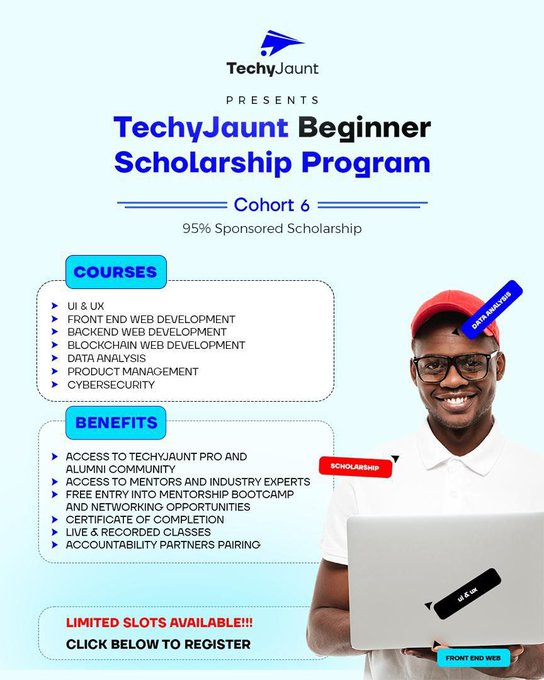 TechyJaunt's tweet photo. The Techy Jaunt Beginners Bootcamp closes soon!
Start your April learning a tech skill, with expert guidance, accountability partners and support from experienced mentors!
Apply & register NOW at https://t.co/r7CuoA4cxx TO GET STARTED.
#Techskills #Techprogramme #Techlearning