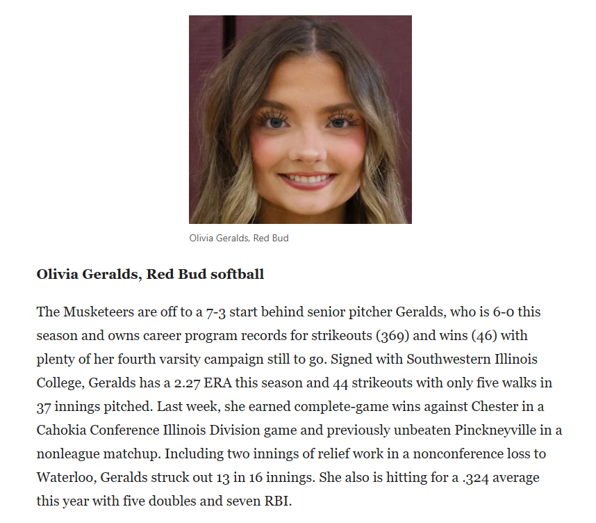 Congrats to our girl Olivia Geralds on earning Stl Post Dispatch Athlete of the Week! Way to go Liv keep up the great work! #MusketeerSoftball