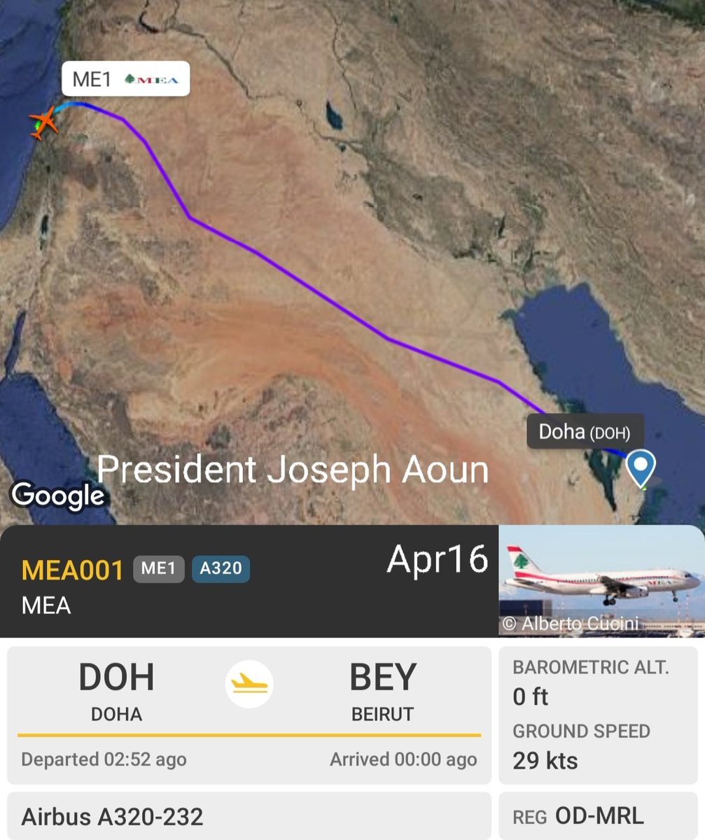 LebanonJets's tweet photo. President of Lebanon Joseph Aoun is back in Beirut from Doha Qatar on #ODMRL #CedarJet001 https://t.co/rrwxboZj6H