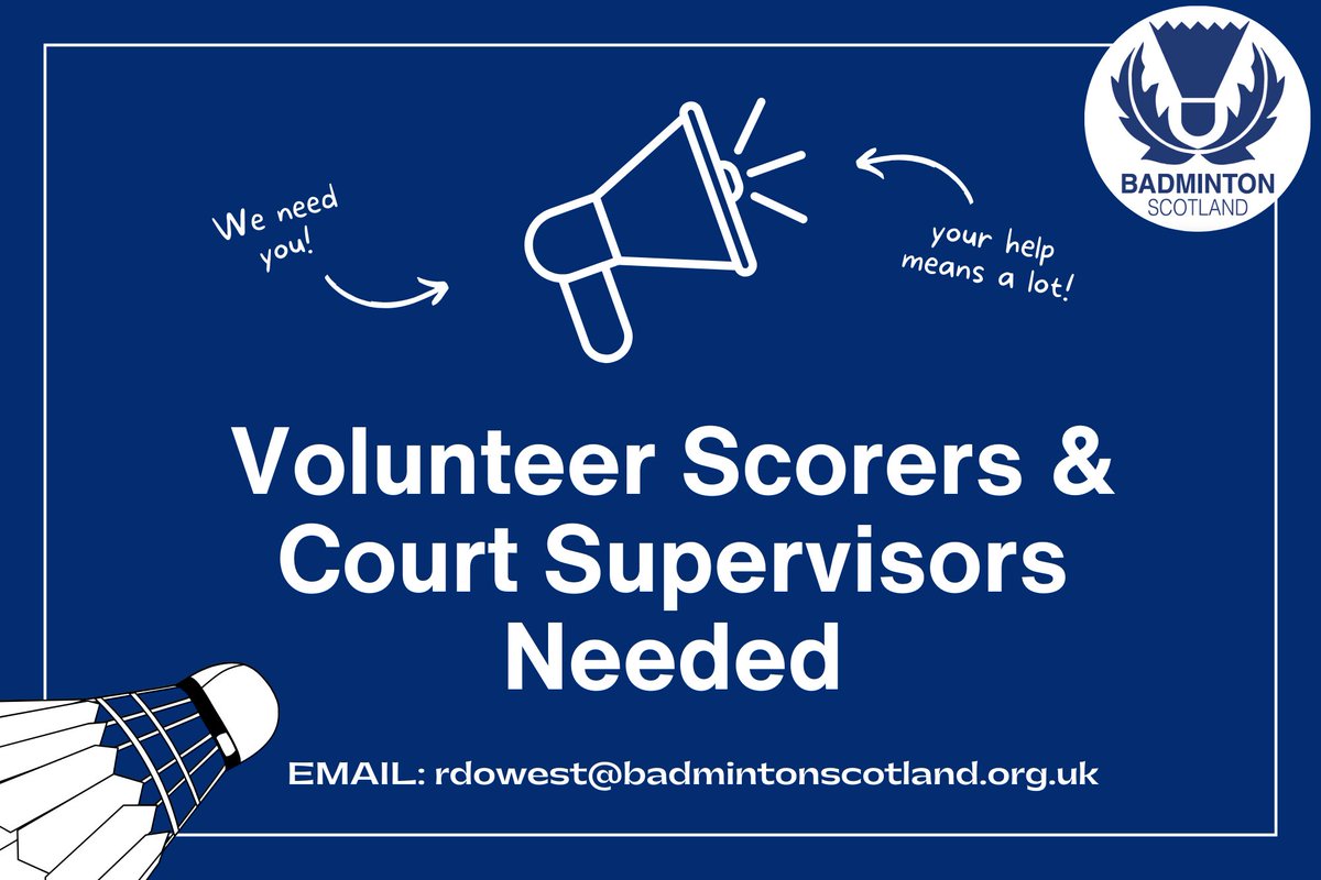 BadmintonScot (@badmintonscot) on Twitter photo We're looking for volunteer scorers and court supervisors for the upcoming West Disability Badminton Competition 🏸
Saturday 10th May, 9:30am-5pm
ON-X Linwood, Paisley
No previous experience required!
Please contact rdowest@badmintonscotland.org.uk We're looking for volunteer scorers and court supervisors for the upcoming West Disability Badminton Competition 🏸
Saturday 10th May, 9:30am-5pm
ON-X Linwood, Paisley
No previous experience required!
Please contact rdowest@badmintonscotland.org.uk