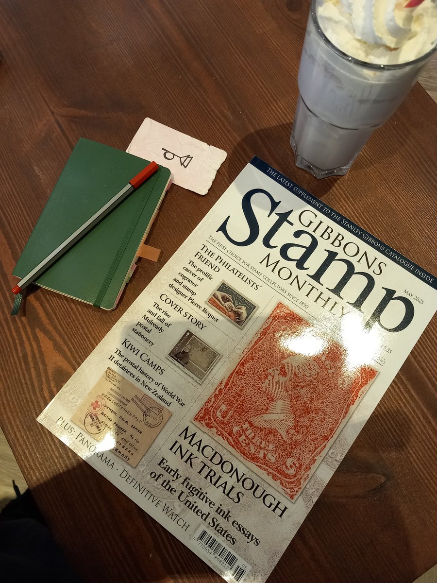 PynchonInPublic's tweet photo. Enjoying a beverage in a local cafe with copy of Gibbons Stamp Monthly (May 2025). My interest in philately stems directly from The Crying of Lot 49 by Thomas Pynchon, which features an underground postal network. #CL49 #philately #postalhistory #Brighton #Hove #EastSussex UK https://t.co/e8QzlrEJX6