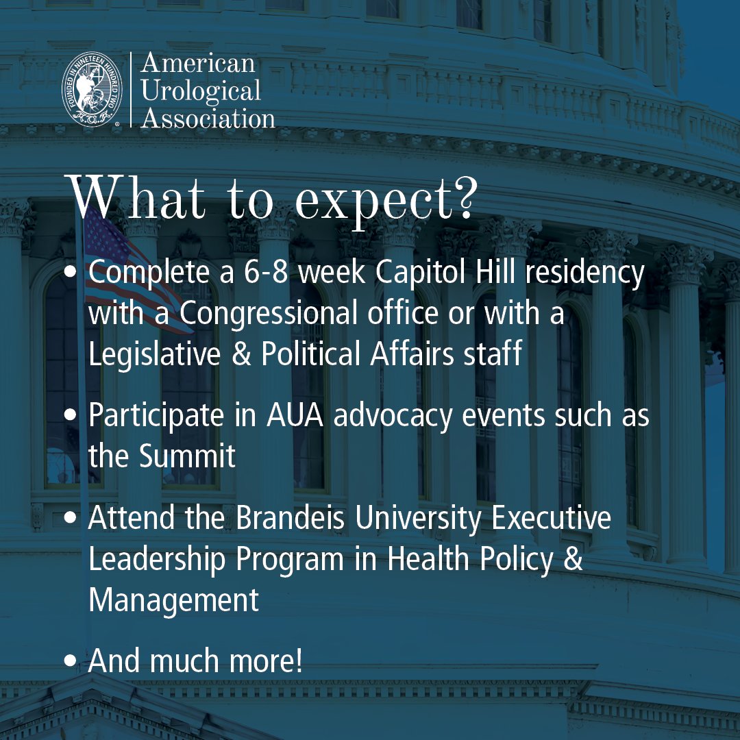 Are you passionate about the health policy issues that impact the practice of urology? Consider applying for the Holtgrewe Fellowship in DC!

Learn more about this opportunity! ➡️ bit.ly/3DDSW94

#Urology #AUA #AUAMembers