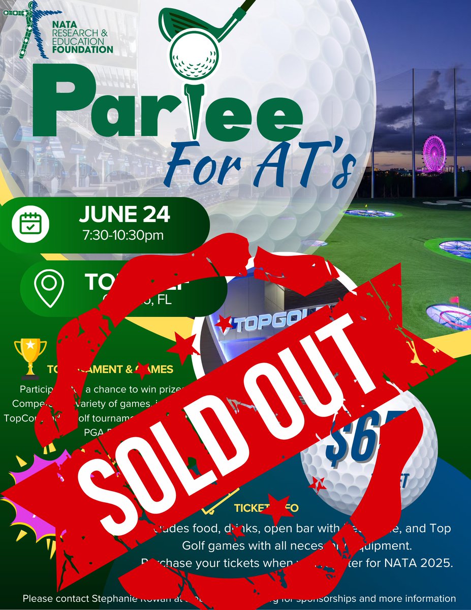 NATAFoundation's tweet photo. π SOLD OUT! π We canβt wait to see everyone at the ParTee for ATs during #NATA2025! β³οΈπ
Thanks for supporting the NATA Foundation β get ready for golf, food, fun & fundraising at Topgolf Orlando! π
#ParTeeForATs #SupportAthleticTraining https://t.co/oxUlLAM7hb