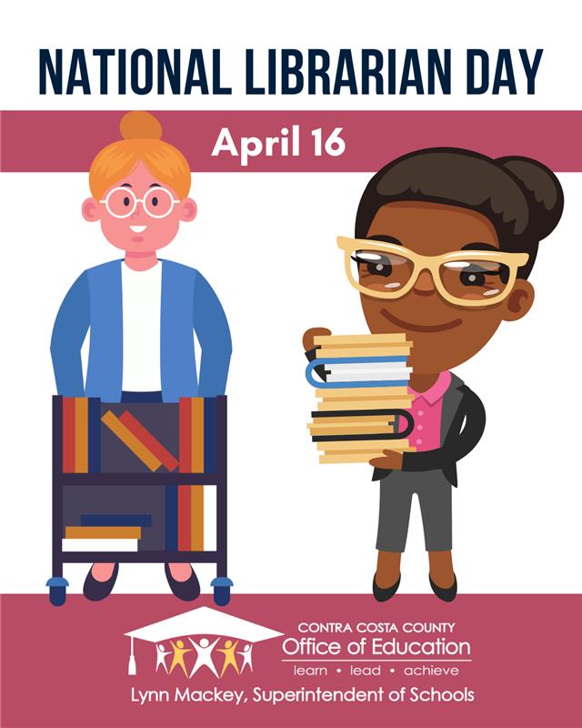 📚 Celebrate National Librarian Day! 📚 On April 16th, we honor Contra Costa County librarians for their contributions to education and community. Thank you for supporting lifelong learning! #NationalLibrarianDay #CCCOE #ThankYouLibrarians #LibraryHeroes