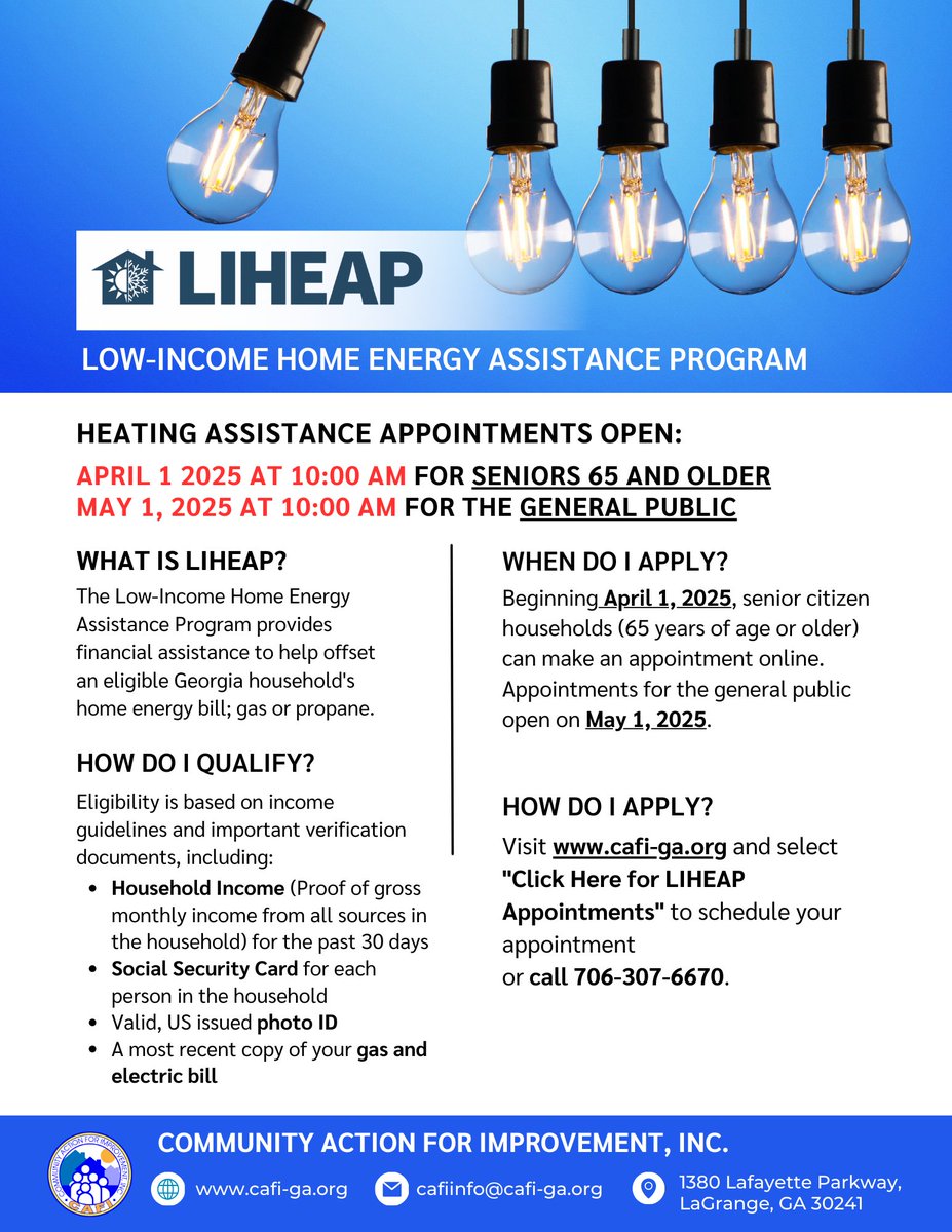 CAFI_Inc_GA's tweet photo. The #LIHEAP appointment scheduler will open on May 1st, 2025 at 10:00 AM for the general public.
Appointments can be made at https://t.co/BYx3GtGYsP or by calling 706-307-6670.
#UtilitiesAssistance #EnergyAssistance #CAFI https://t.co/gIOo2QiSDq