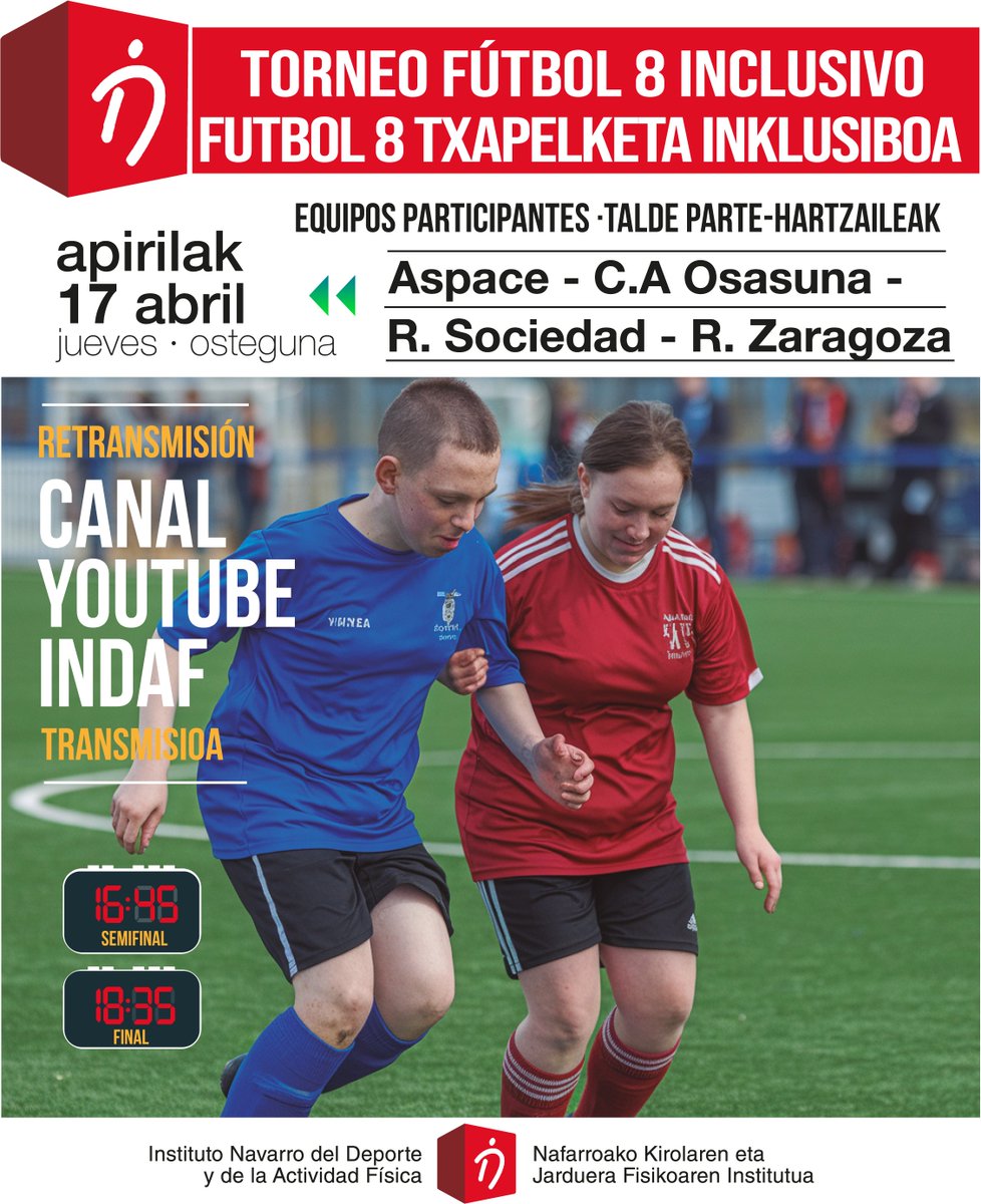 ⚽ Este jueves se celebra el Torneo de Fútbol 8 Inclusivo con equipos como Aspace, Osasuna, Real Sociedad y Zaragoza, entre otros.

📺 Desde las 16:45, ¡retransmisión en YouTube del INDAF!

#Futbol8Inclusivo #DeporteNavarra