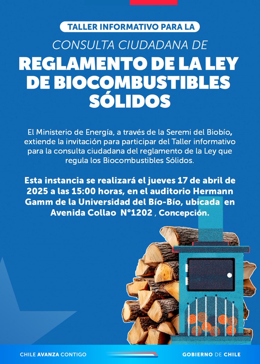 Participa este jueves 17 de abril en el Taller informativo para la Consulta Pública sobre el Reglamento de la Ley de Biocombustibles Sólidos   

📍Lugar: Auditorio Hermann Gamm en <a href="/ubbchile/">U. del Bío-Bío</a> 
🗺️Dirección: Avenida Collao N°1202 Concepción
📲Inscripciones: tinyurl.com/2dmwu7j6