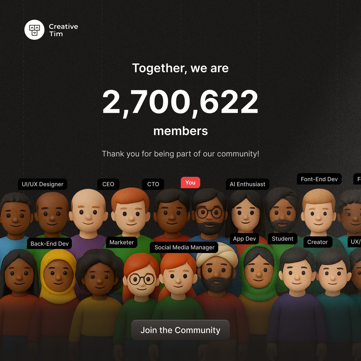 CreativeTim's tweet image. Creative Tim&apos;s community is now over 2.7 MILLION strong.
Designers, devs, creators, and more, this is our space.
Let’s keep building amazing things together! 💻 ✨
#CreativeTim #DevCommunity #TechTogether