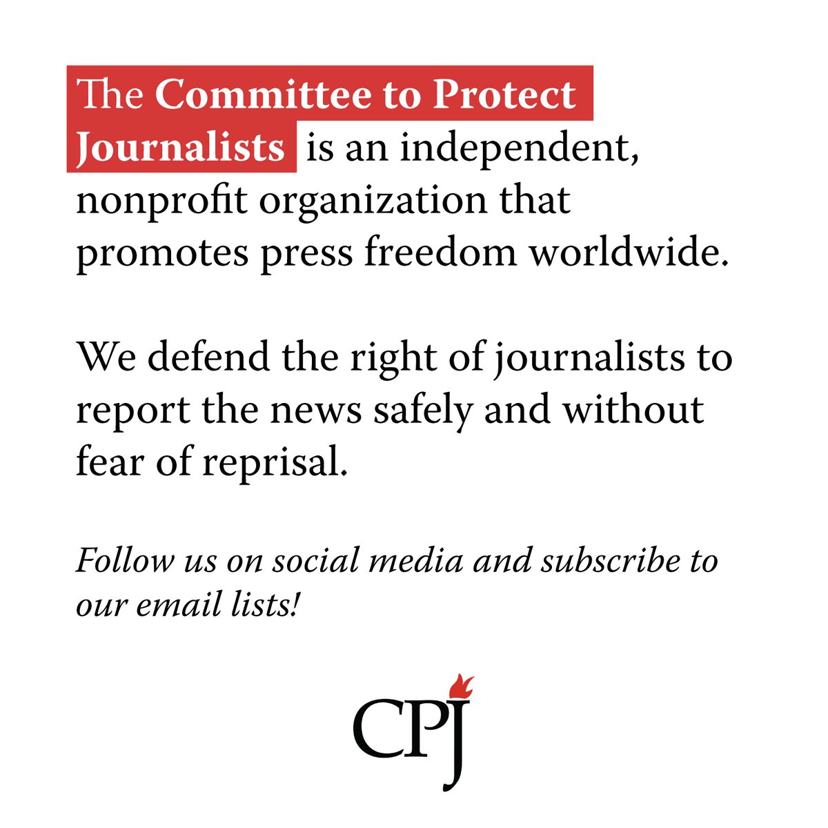 👋New to CPJ? Make sure to follow us!

➡️ Bluesky: bsky.app/profile/pressf…
➡️ LinkedIn: linkedin.com/company/cpj
➡️ YouTube: youtube.com/user/cpjmultim…
➡️ Facebook: facebook.com/committeetopro…
➡️ Instagram: instagram.com/committeetopro…
➡️ Subscribe to email lists: cpj.org/subscribe