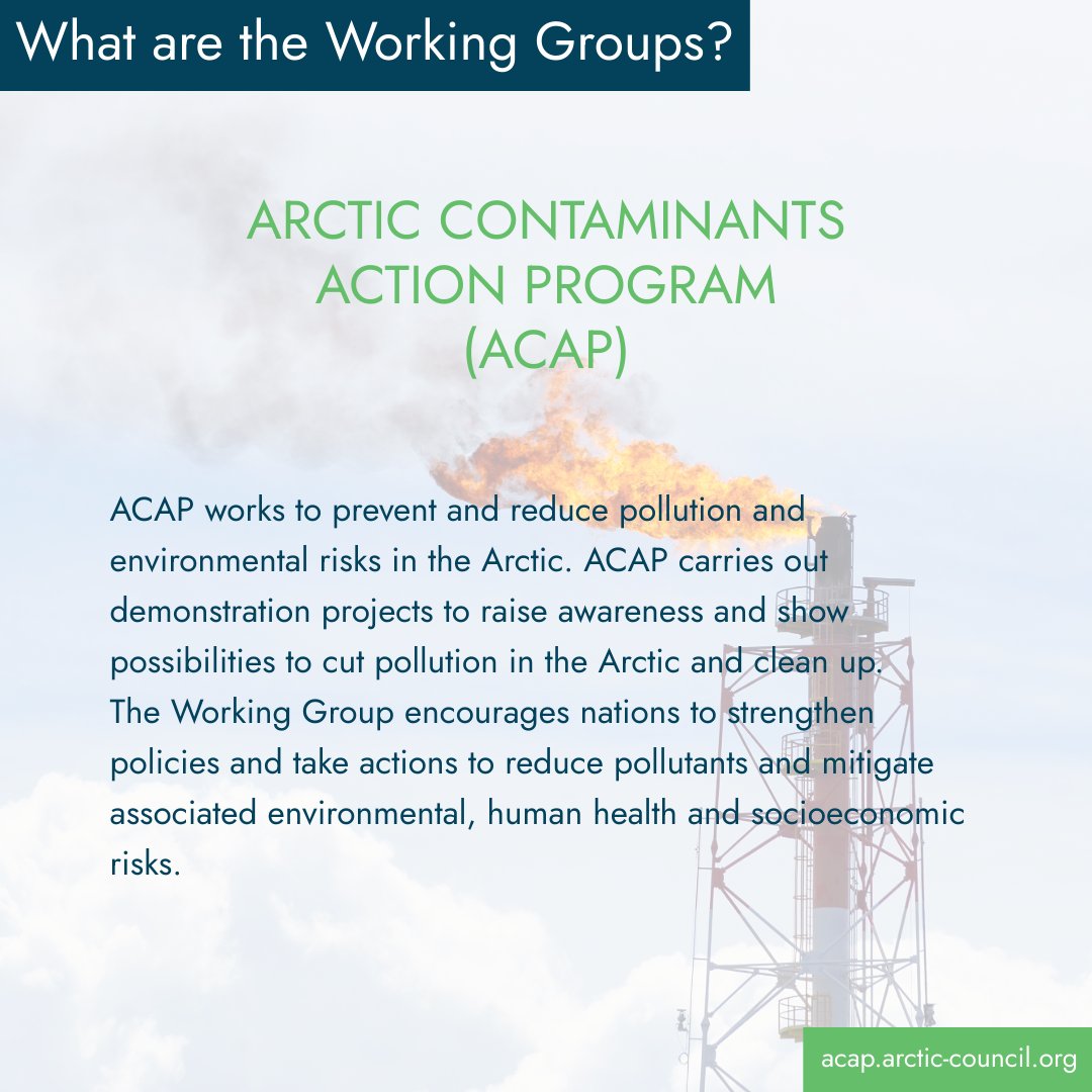 🔎 Get to know the Arctic Council Working Groups 

The Arctic Contaminants Action Program (ACAP) works to prevent and reduce pollution and environmental risks in the Arctic.

🔗 Learn more: arctic-council.org/en/about/worki…