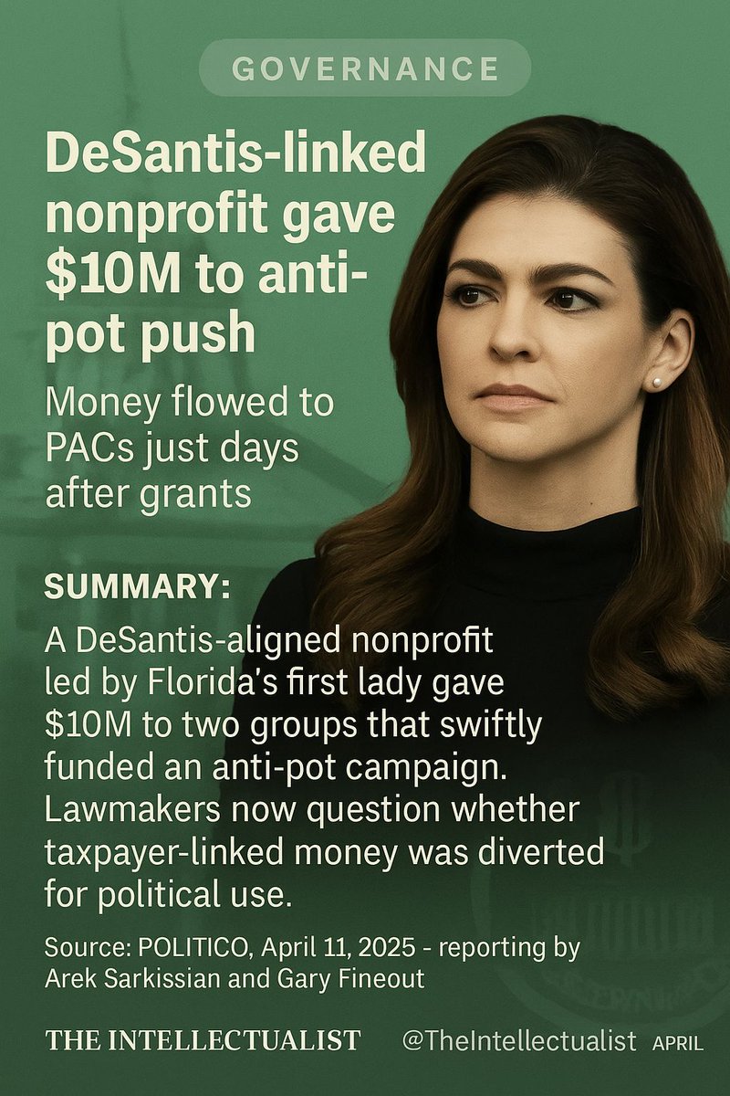 Hope Florida, a nonprofit tied to Casey DeSantis, gave $10M to two groups that quickly funded anti-pot efforts led by DeSantis’ chief of staff. Lawmakers are investigating if redirected federal funds were improperly used for political activity via state-affiliated nonprofits.