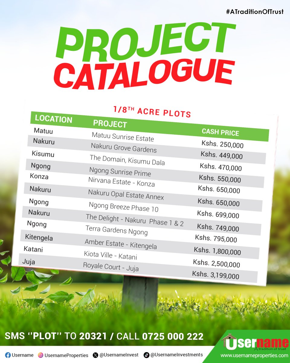 usernameltd's tweet photo. Browse through all our projects — from Matuu to Nakuru, Kitengela to Ngong — and secure your perfect plot. 🏡
Visit: https://t.co/9Cg127ycYq
#ExploreProperties #UsernameWeb #RealEstateKenya #EasterLand https://t.co/XbwQd1BJxP