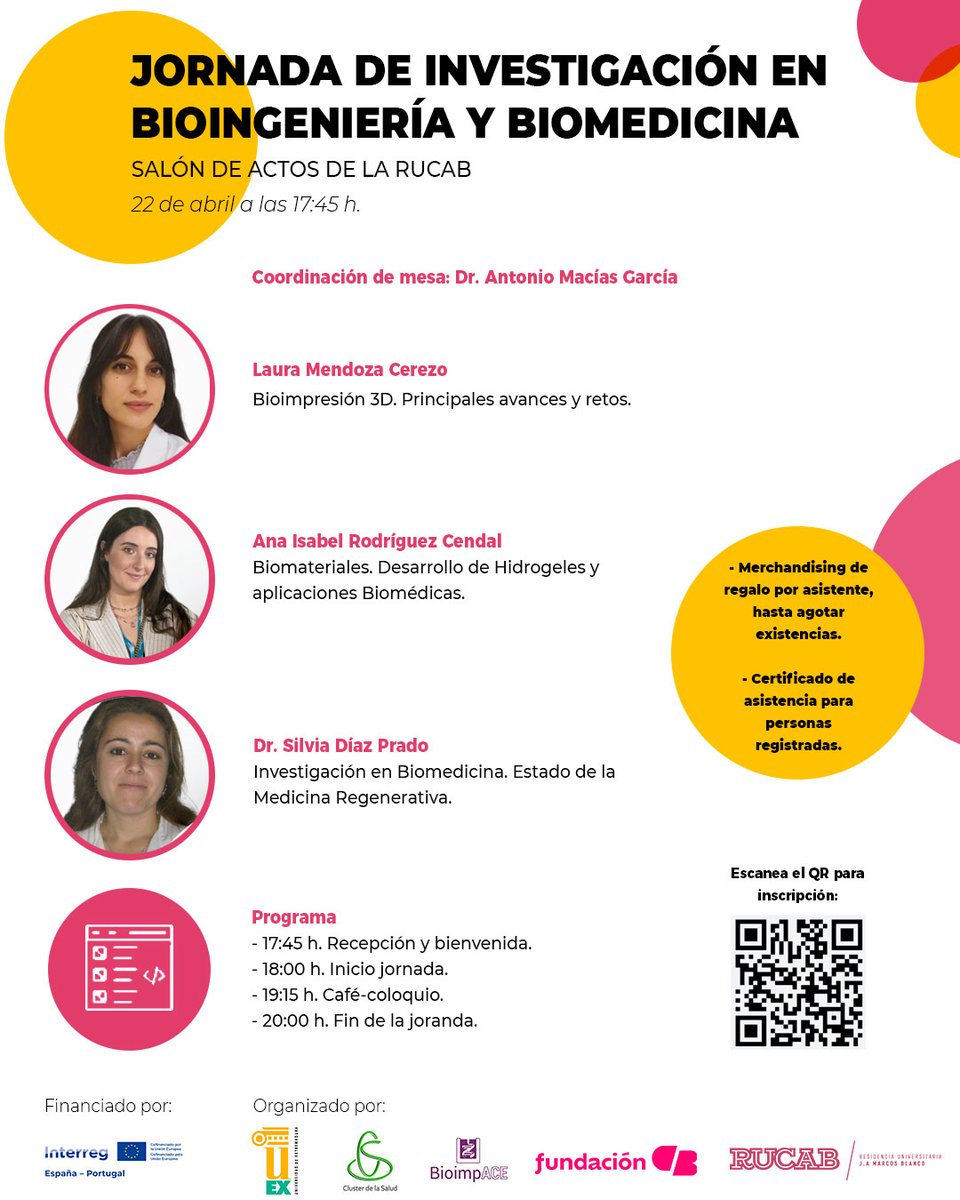 🔬 Jornada de Investigación en Bioingeniería y Biomedicina
🗓️ 22 de abril 📍 RUCAB
Ponencias sobre bioimpresión 3D, biomateriales y medicina regenerativa.
🎁 Regalos por asistir
📜 Certificado con registro