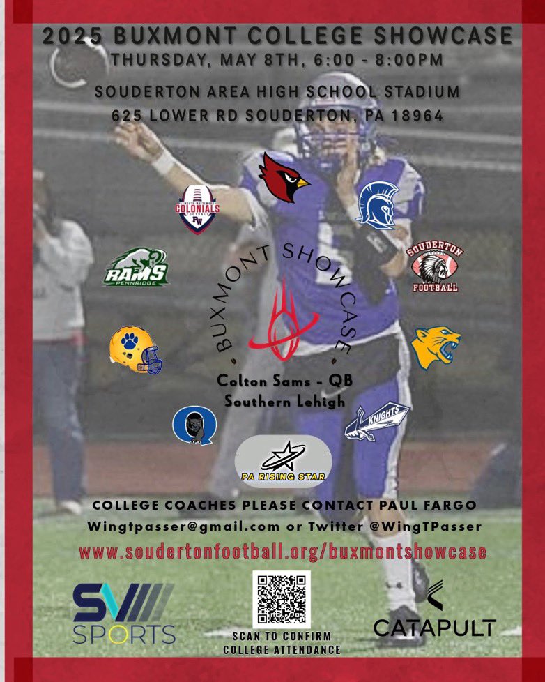 Colton Sams (@coltonsams5) on Twitter photo soudertonfootball.org/buxmontshowcase
<a href="/PARisingStar/">PA Rising Star</a>
<a href="/svsports/">SV Sports</a>
@PRZPAvic
<a href="/PaulRobertsCuse/">Paul Roberts</a>
<a href="/ArtisticMayhem1/">Michael Pietrangelo</a>
<a href="/S1insider/">Suburban One Insider</a>
<a href="/BadgleyBruce/">Bruce Badgley</a>
<a href="/CoachQuarterman/">Marcel Quarterman</a>
<a href="/KirkCiarrocca/">Kirk Ciarrocca</a>
<a href="/CoachTJD/">TJ DiMuzio</a>
<a href="/CoachPepHam/">Pep Hamilton</a>
Excited to compete at Buxmount Showcase, thank you to everyone who put this together. soudertonfootball.org/buxmontshowcase
<a href="/PARisingStar/">PA Rising Star</a>
<a href="/svsports/">SV Sports</a>
@PRZPAvic
<a href="/PaulRobertsCuse/">Paul Roberts</a>
<a href="/ArtisticMayhem1/">Michael Pietrangelo</a>
<a href="/S1insider/">Suburban One Insider</a>
<a href="/BadgleyBruce/">Bruce Badgley</a>
<a href="/CoachQuarterman/">Marcel Quarterman</a>
<a href="/KirkCiarrocca/">Kirk Ciarrocca</a>
<a href="/CoachTJD/">TJ DiMuzio</a>
<a href="/CoachPepHam/">Pep Hamilton</a>
Excited to compete at Buxmount Showcase, thank you to everyone who put this together.
