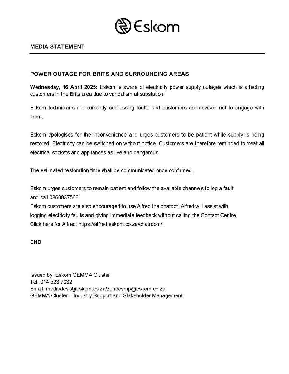 Eskom_SA's tweet photo. #EskomNorthWest 
#MediaStatement 

Power outage affecting Brits and surrounding areas. https://t.co/fMncqIycft