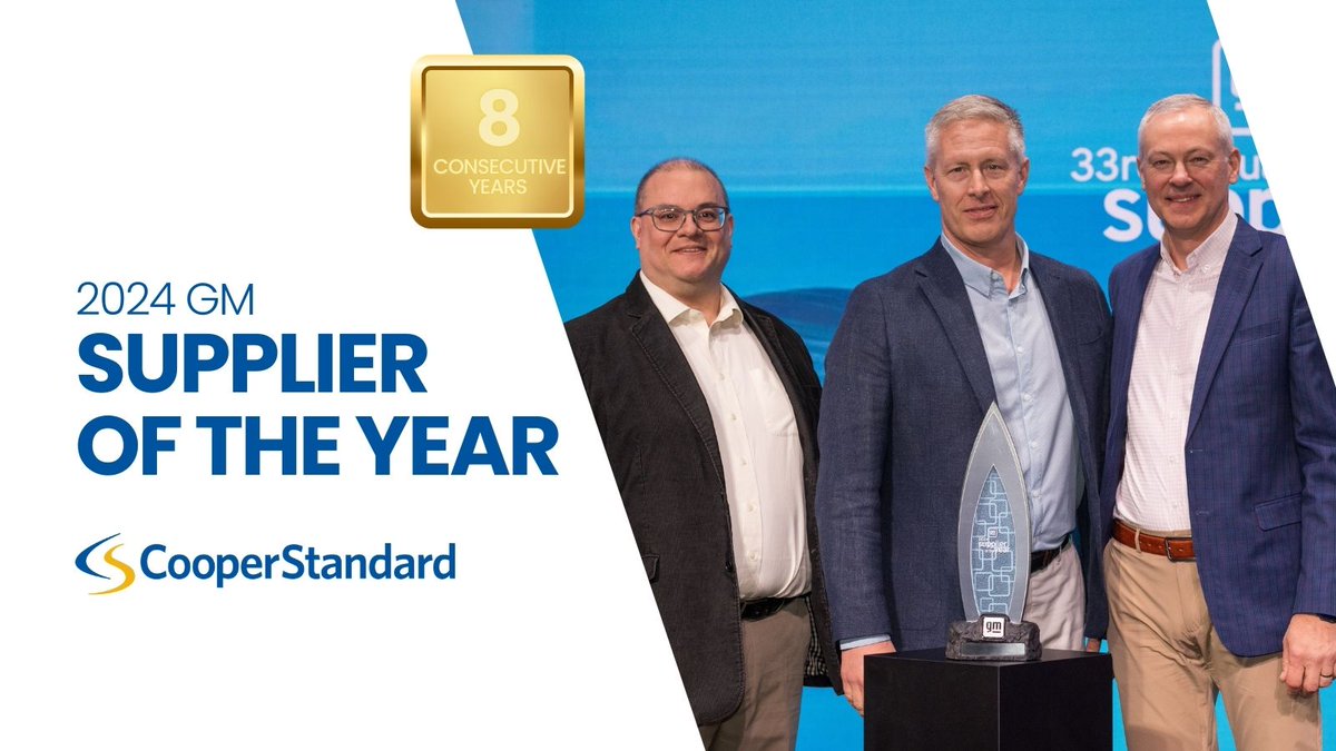 CooperStandard's tweet photo. Cooper Standard is excited to be recognized by @GM once again as a 2024 Supplier of the Year Award winner! This achievement marks our eighth consecutive year receiving this prestigious award, and we couldn’t be prouder.

Being recognized by GM is a significant honor that highlights our commitment to excellence, providing world-class service and exceptional quality that supports the evolving needs of the mobility industry. Thank you to our incredible employees for their hard work and dedication. 

Read more➡️ https://t.co/6r1yO3ZZRu

#GMSupplierOfTheYear #WeAreCooperStandard