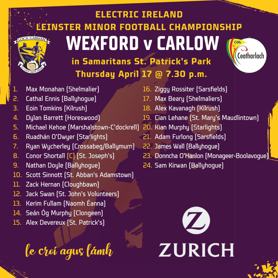 Here's our minor football team, proudly supported by <a href="/Zurich_Irl/">Zurich Ireland🇮🇪</a>, for Thursday evening's Electric Ireland Minor Football Championship match v Carlow in Samaritans St. Patrick's Park at 7.30 p.m.  A win will put them through from the group stage to the preliminary quarter-finals.