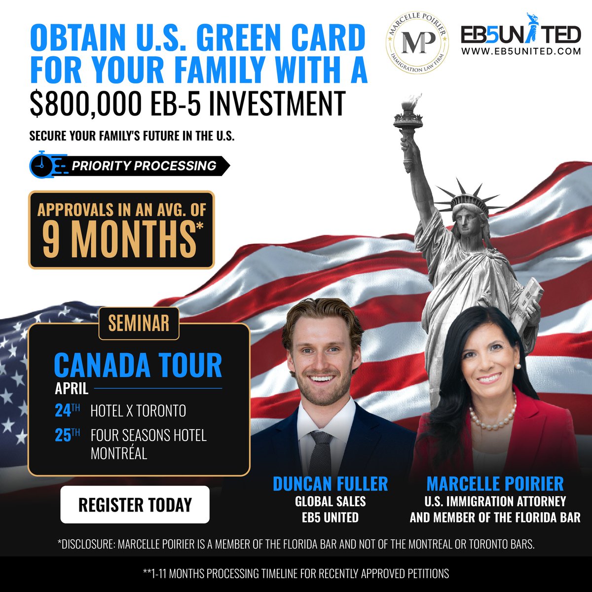 Marcelle Poirier, a U.S. Immigration Attorney and Member of the Florida Bar, and EB5 United’s Duncan Fuller will be hosting EB-5 seminars in #Montréal and #Toronto this April.

𝐋𝐨𝐜𝐚𝐭𝐢𝐨𝐧𝐬 &amp; 𝐃𝐚𝐭𝐞𝐬:
𝐇𝐨𝐭𝐞𝐥 𝐗 𝐓𝐨𝐫𝐨𝐧𝐭𝐨 – 24𝐭𝐡 𝐀𝐩𝐫𝐢𝐥
𝐅𝐨𝐮𝐫