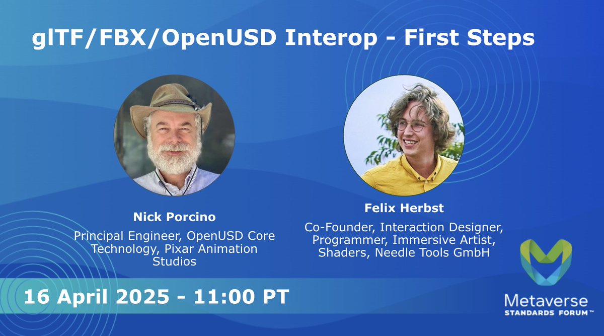 Today at 11am PT, join the MSF 3D Asset Interoperability Working Group for an engaging discussion on 'glTF/FBX/OpenUSD Interop - First Steps' led by Nick Porcino and Felix Herbst. All members are welcome to join. Not a member? Join us: metaverse-standards.org/members/