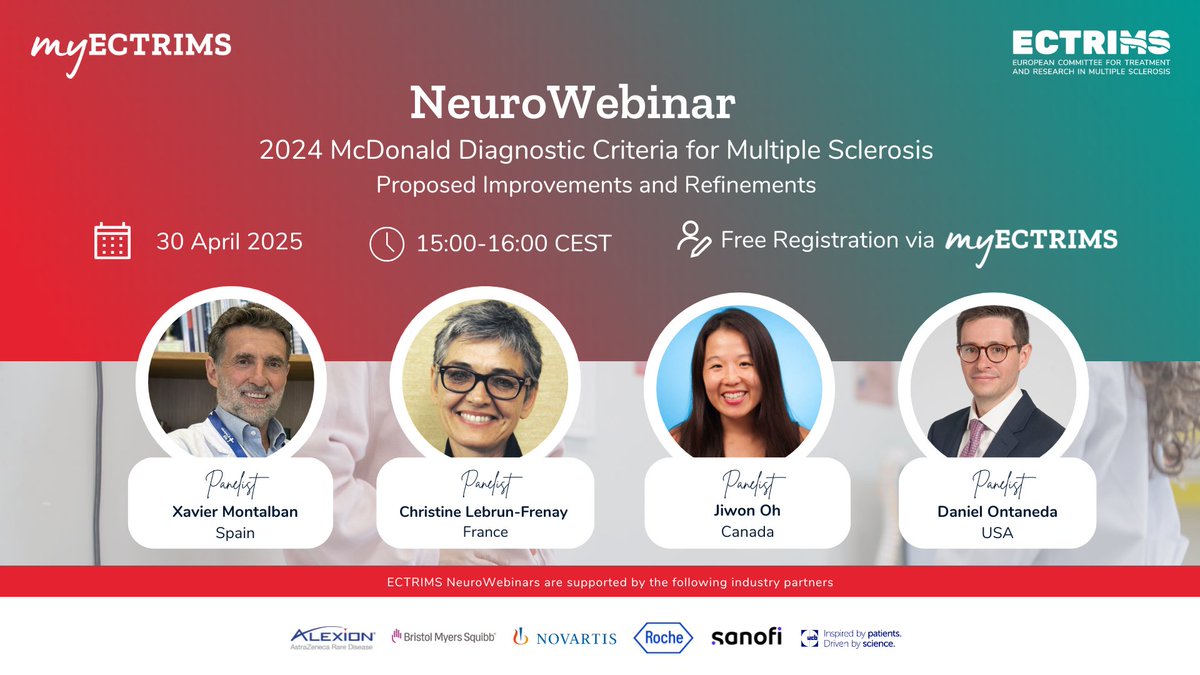 ECTRIMS (@ectrims) on Twitter photo 🔔 Join our upcoming webinar! Understand the key suggested improvements to the #McDonaldCriteria for #MS diagnosis. Hear from experts from <a href="/cemcat_em/">Cemcat</a>, <a href="/ClevelandClinic/">Cleveland Clinic</a>, <a href="/UofT/">University of Toronto</a>, <a href="/CHUdeNice/">CHU de Nice</a> & shape the future of care.
👉 Register via myECTRIMS: bit.ly/3E8VKeU
📅 30 Apriil 🔔 Join our upcoming webinar! Understand the key suggested improvements to the #McDonaldCriteria for #MS diagnosis. Hear from experts from <a href="/cemcat_em/">Cemcat</a>, <a href="/ClevelandClinic/">Cleveland Clinic</a>, <a href="/UofT/">University of Toronto</a>, <a href="/CHUdeNice/">CHU de Nice</a> & shape the future of care.
👉 Register via myECTRIMS: bit.ly/3E8VKeU
📅 30 Apriil