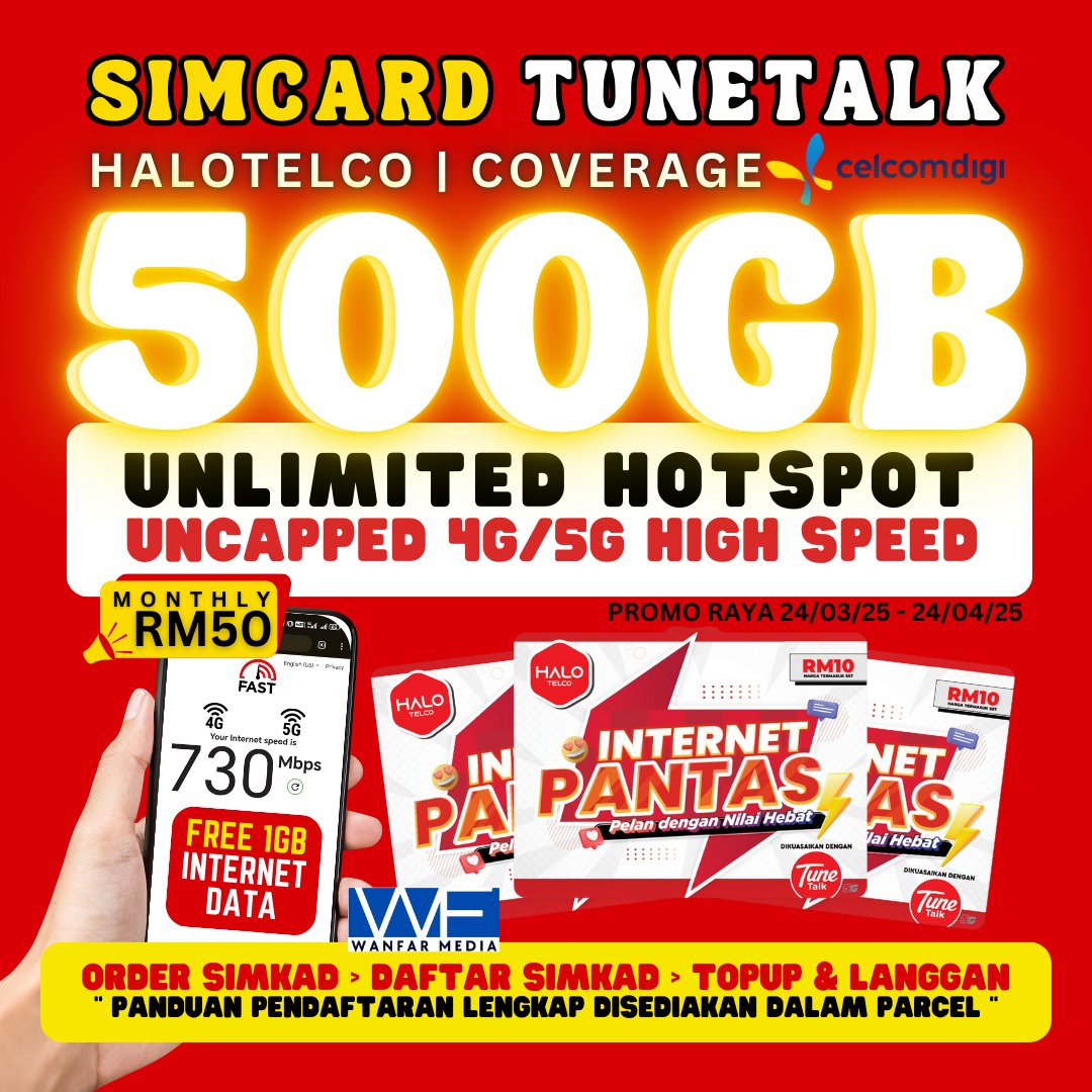 SIM CARD HALO TELCO TUNE TALK
👉350GB DATA UNLIMITED HOTSPOT
👉UNLIMITED CALL SEMUA RANGKAIAN
👉COVERAGE 4G 5G CELCOM DIGI HIGH SPEED

⦿ Tiada Kontrak
⦿ Blacklist Telco Boleh Daftar

📌 Kekal Nombor Lama PORT OUT IN MNP
📌 Pilih No Baru 4 Digit Belakang

shopee.com.my/product/219306…