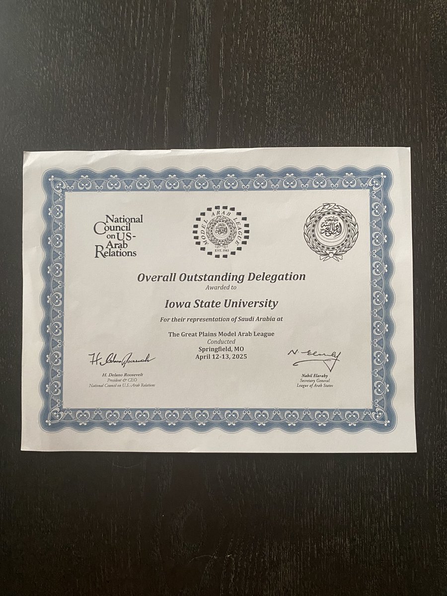 This past weekend, the Iowa State Model Arab League (MAL) team received the "Overall Outstanding Delegation Award" for their representation of Saudi Arabia at the 2025 Great Plains MAL conference! Only three of these awards were handed out for a total of 22 Delegations!