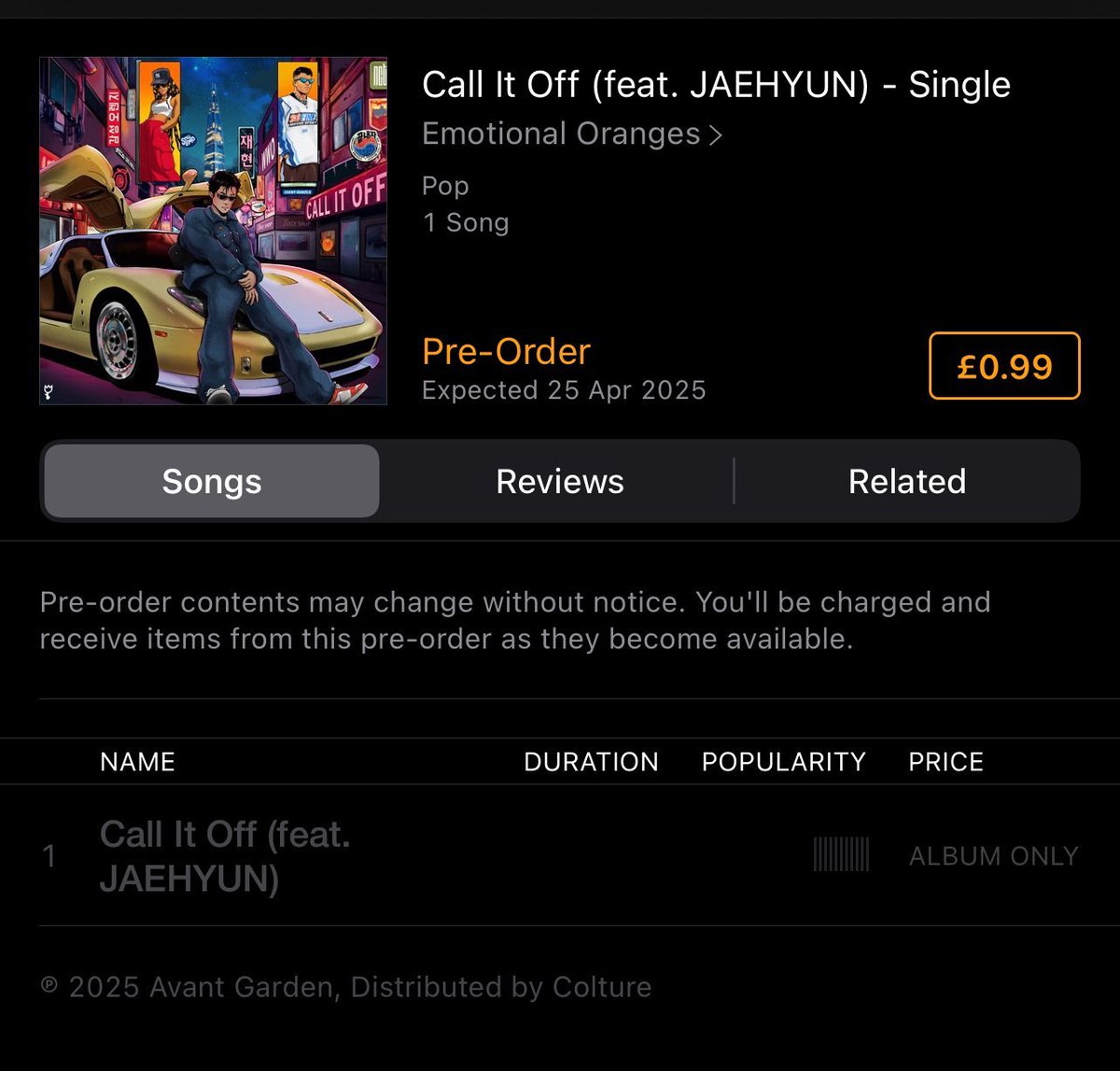 Call It Off by Emotional Oranges (feat. JAEHYUN) Single will be released April 25!

This seems to be Single Release ahead of their upcoming album. SAVE THE DATE. 

#JAEHYUN #재현 <a href="/emotionalorange/">Emotional Oranges 🍊</a>