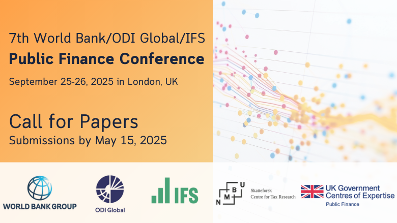 📢 Call for Papers!
The 7th World Bank/ODI Global/IFS Public Finance Conference is now inviting paper submissions.
Keynote speakers: Tim Besley (<a href="/LSEEcon/">LSE Department of Economics</a>) &amp; Annette Alstadsæter (NMBU).  
 
Deadline: May 15! 
More details on the event site: 
worldbank.org/en/events/2025…