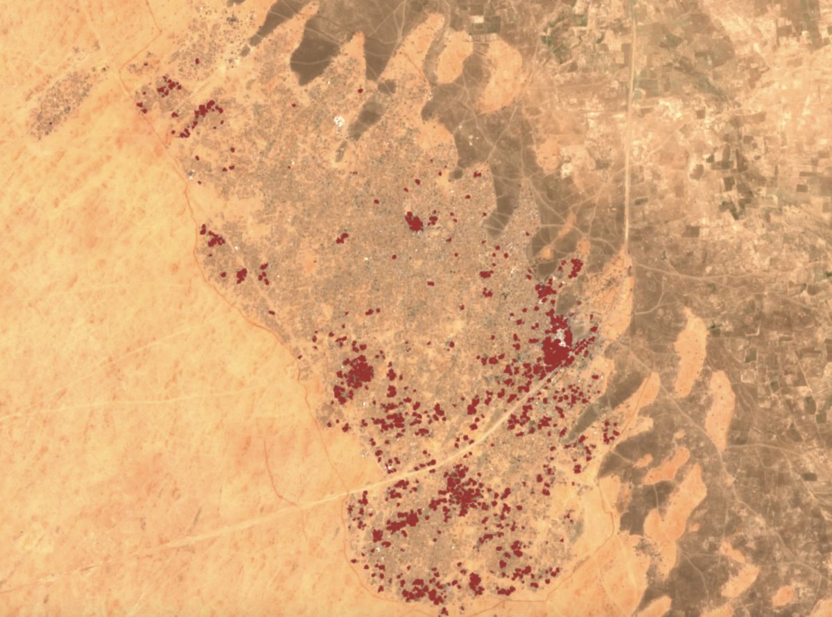 Burned Area Index analysis on Sentinel-2 imagery of the Zamzam camp in Darfur would suggest that approx. 7000 structures have been razed in the RSF attack on the camp through to 2025-04-15.   

This is a humanitarian catastrophe and an ongoing repeat of the 2006 genocide.