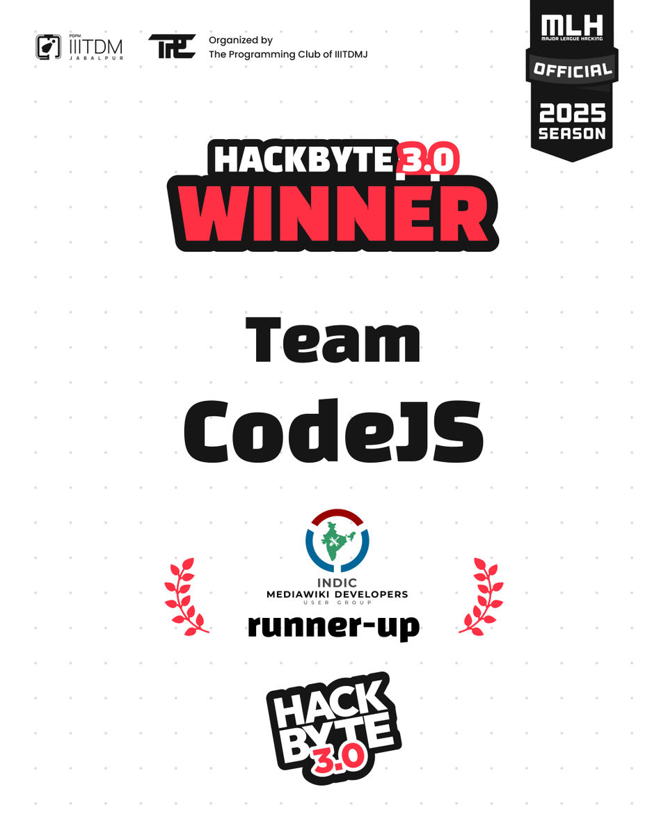 HackbyteTPC's tweet image. 📚 Wikimedia Track – #HackByte 3.0!
Big congratulations to Team Techno Titans for emerging as the Wikimedia Track Winner at HackByte 3.0! 🏆💻
And a shoutout to Team CodeJs for securing the Runner-Up spot with a strong and thoughtful project! 🚀👏
