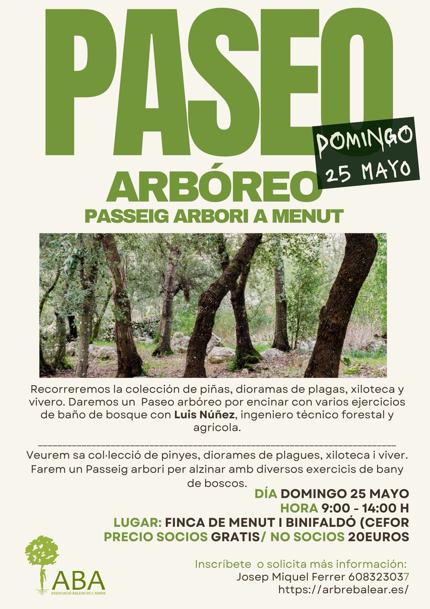 ARBREBALEAR's tweet photo. El pròxim 25 de maig sortirem a l'alzinar de #Menut 🌳Luis Núñez, enginyer tècnic agrícola i forestal ens donarà claus per a aprendre i sentir el #bosc amb algunes tècniques de bany de bosc. Per als socis d'ABA gratuït i els no socis 20€. 🌲🌲
IMPORTANT! Tots dos us heu d'apuntar aquí 👇🏼
https://t.co/ZpwojudtD8