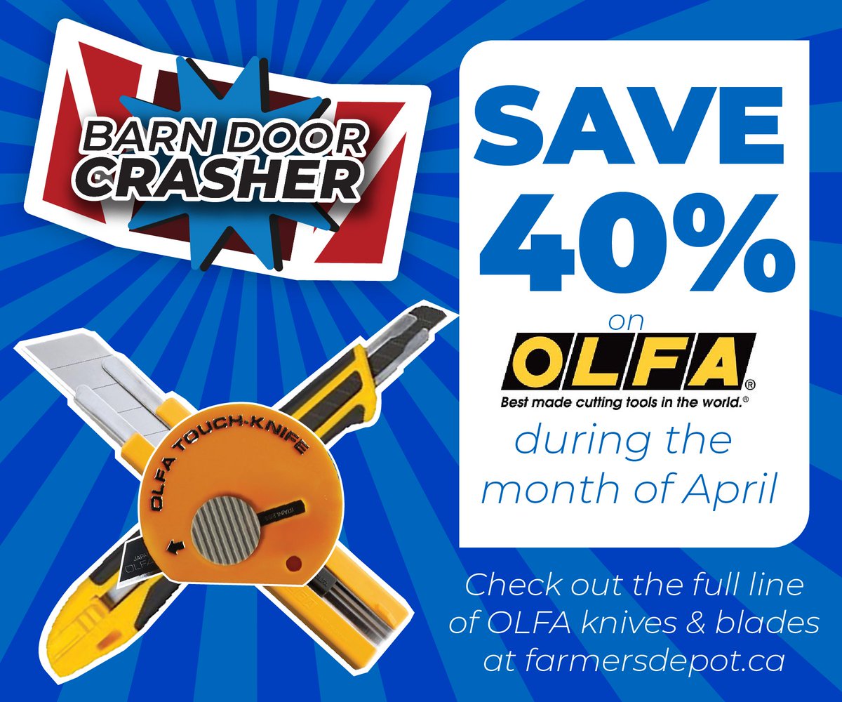 🚨 BARN DOOR CRASHER DEAL! 🚨
Slice your costs this April with a massive 40% OFF all
OLFA knives &amp; blades! ✂️💥
On the farm, in the shop, or tackling DIY jobs around the house—OLFA’s cutting tools are built to perform.
🟡 Shop the full lineup at 👉 link.gvfgroup.ca/tools