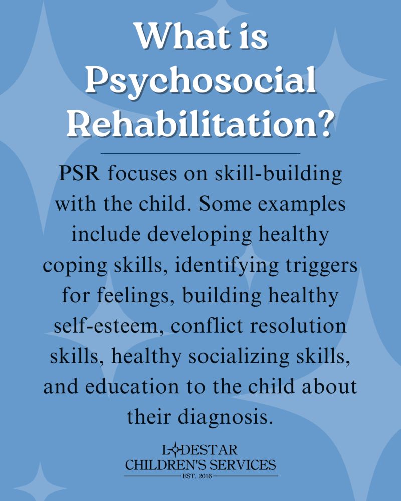 LodestarCS's tweet photo. Did you know Psychosocial Rehabilitation (PSR) is one of the most requested services here at Lodestar? 

This service focuses on skill-building with the child, such as developing  healthy coping skills, building self-esteem, or improving socialization skills. https://t.co/J8L2tonXfy