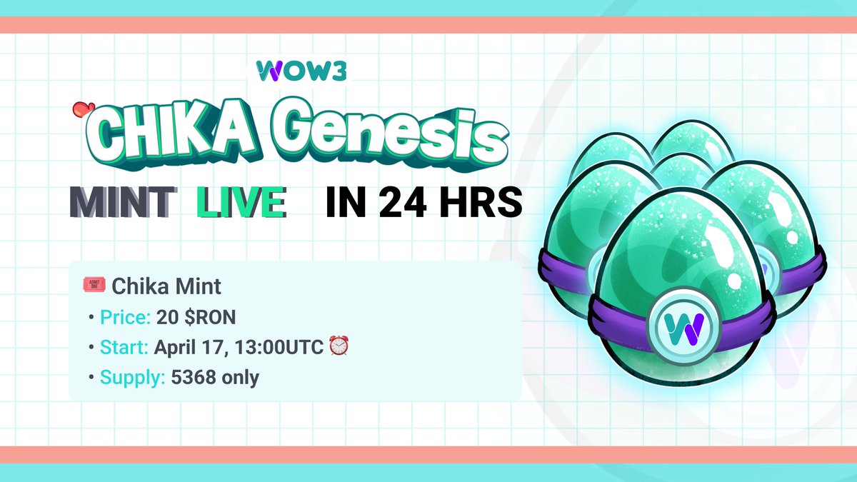 WOW3_Official's tweet photo. 🚨 CHIKA GENESIS MINT STARTS IN 24 HOURS! 

Here’s what you need to know:

🔹 Price: 20 $RON
🕒 Mint Time: April 17 at 13:00 UTC
🎟 Supply: Only 5368 Chika Eggs

Let's mint and get ready to hatch CHIKA!

Mint page: https://t.co/KlNbOsr6Er

#WOW3 #CHIKA #RoninChain #NFTMint