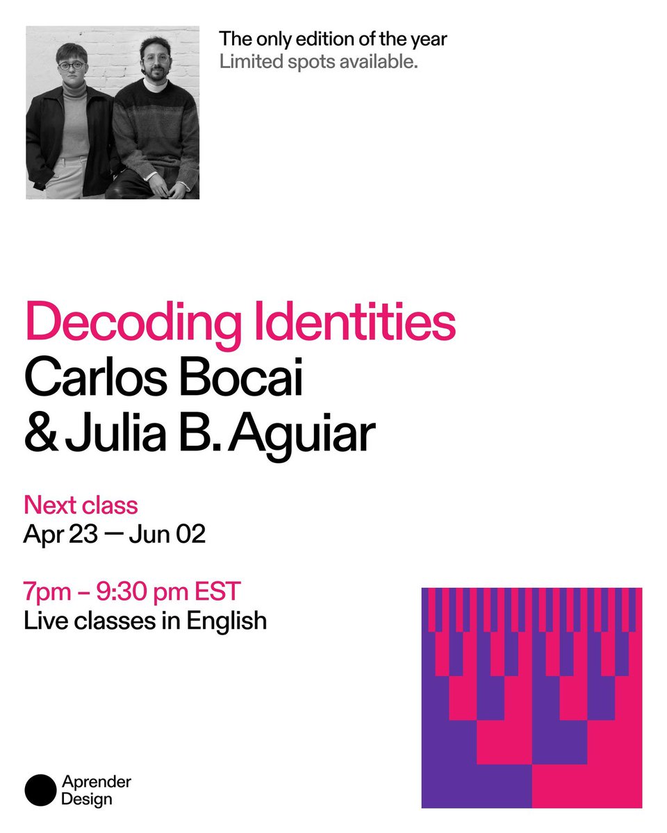 carlos_______b's tweet image. hey design twitter 🧑🏽‍💻 last days to apply to Decoding Identities, a course by @juliabaguiar and I that investigates successful visual identity systems on @us_aprender Just a few spots left 👀 learn more lnkd.in/e2H9E6qJ