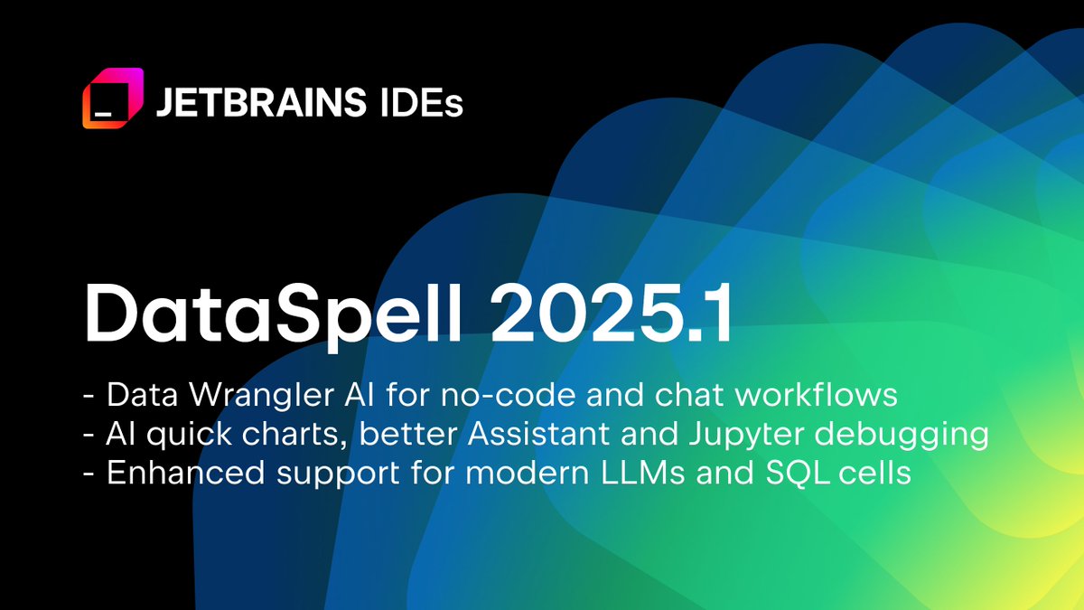 JetBrains DataSpell (@dataspell_jb) on Twitter photo DataSpell 2025.1 is out!  
Highlights include:  
📌 JetBrains Data Wrangler AI agent  
📌 No-code flow for data preparation
📌 JetBrains AI  updates and more  
Check out what’s new in DataSpell: jb.gg/aunnsa5 DataSpell 2025.1 is out!  
Highlights include:  
📌 JetBrains Data Wrangler AI agent  
📌 No-code flow for data preparation
📌 JetBrains AI  updates and more  
Check out what’s new in DataSpell: jb.gg/aunnsa5
