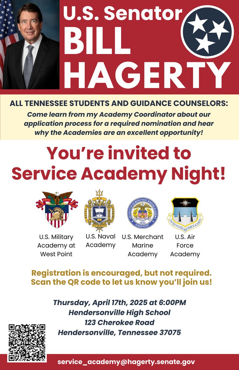 Parents and students (Grades 9-11) are invited to Service Academy Night on Thursday, April 17th at Hendersonville High School (123 Cherokee Rd, Hendersonville, TN 37075)

docs.google.com/forms/d/e/1FAI…