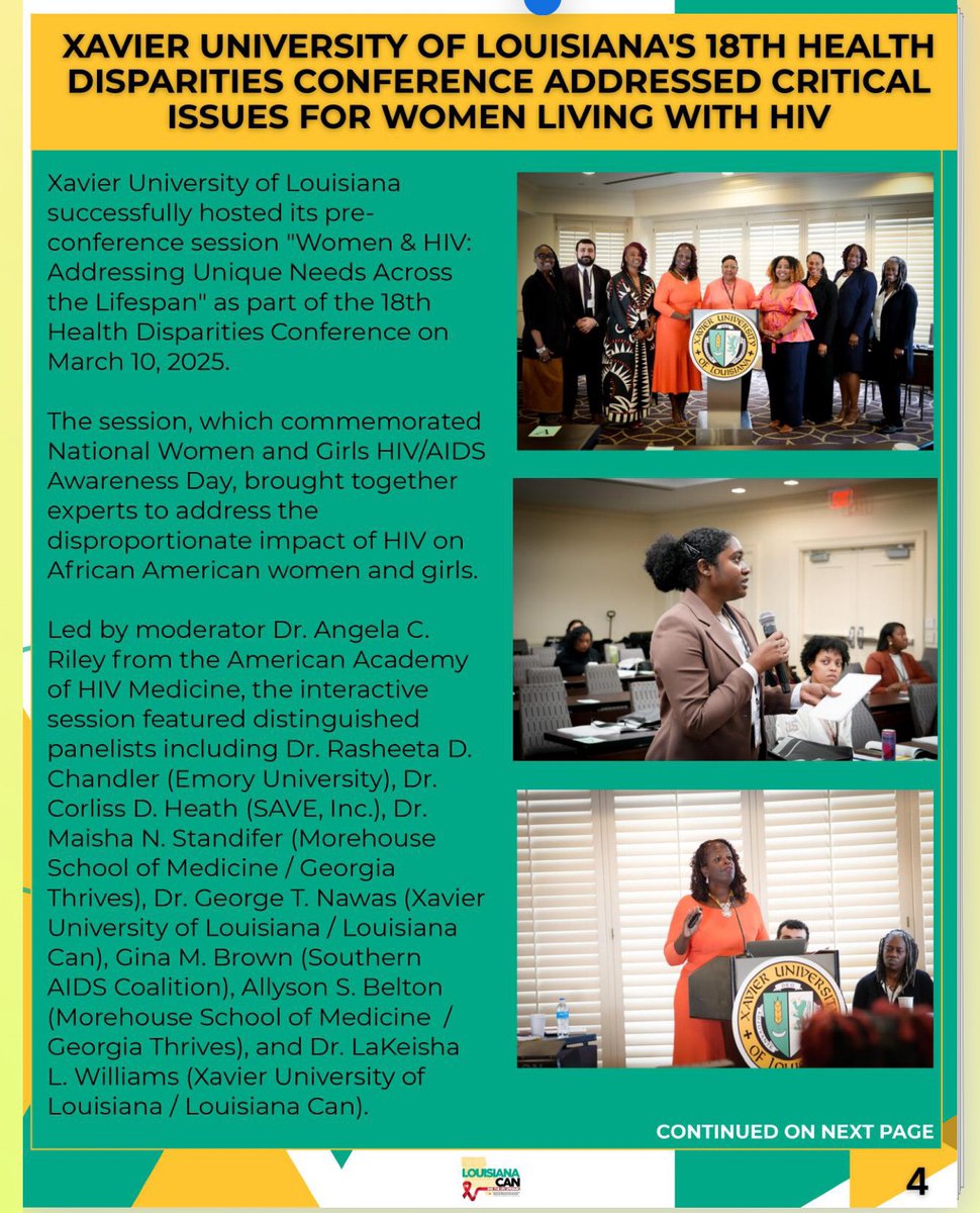 .<a href="/XULA1925/">Xavier Univ. of LA</a> held a powerful pre-conference session, "Women &amp; HIV: Addressing Unique Needs Across the Lifespan," at the 18th Health Disparities Conference. Moderated by AAHIVM’s Dr. Angela Riley, it honored #NWGHAAD and spotlighted HIV’s impact on African American women &amp; girls.👏