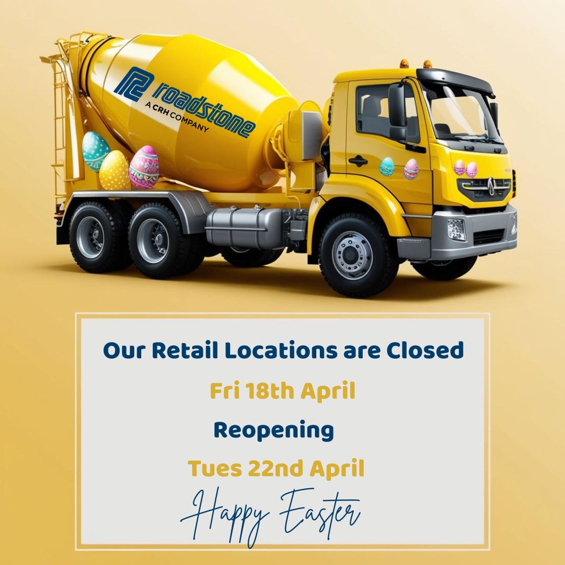 roadstoneLtd's tweet photo. Our Retail Locations will be closed Fri 18th April - Monday 21st April inclusive.

It will be business as usual Tues 22nd April https://t.co/3E8qRP1WA6