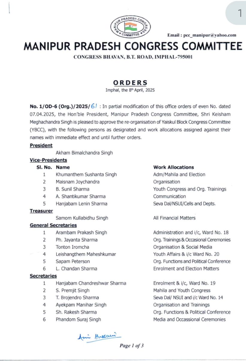 INCManipur's tweet photo. As a part of year of organisation - 2025, under the leadership of @inc President @kharge ji and LoP @RahulGandhi ji, and instruction of AICC General Secretary (Org.) @kcvenugopalmp ji, Manipur PCC President Shri @meghachandra_k has approved the re-organisation of Yaiskul BCC. https://t.co/Jk3osxE4Xk