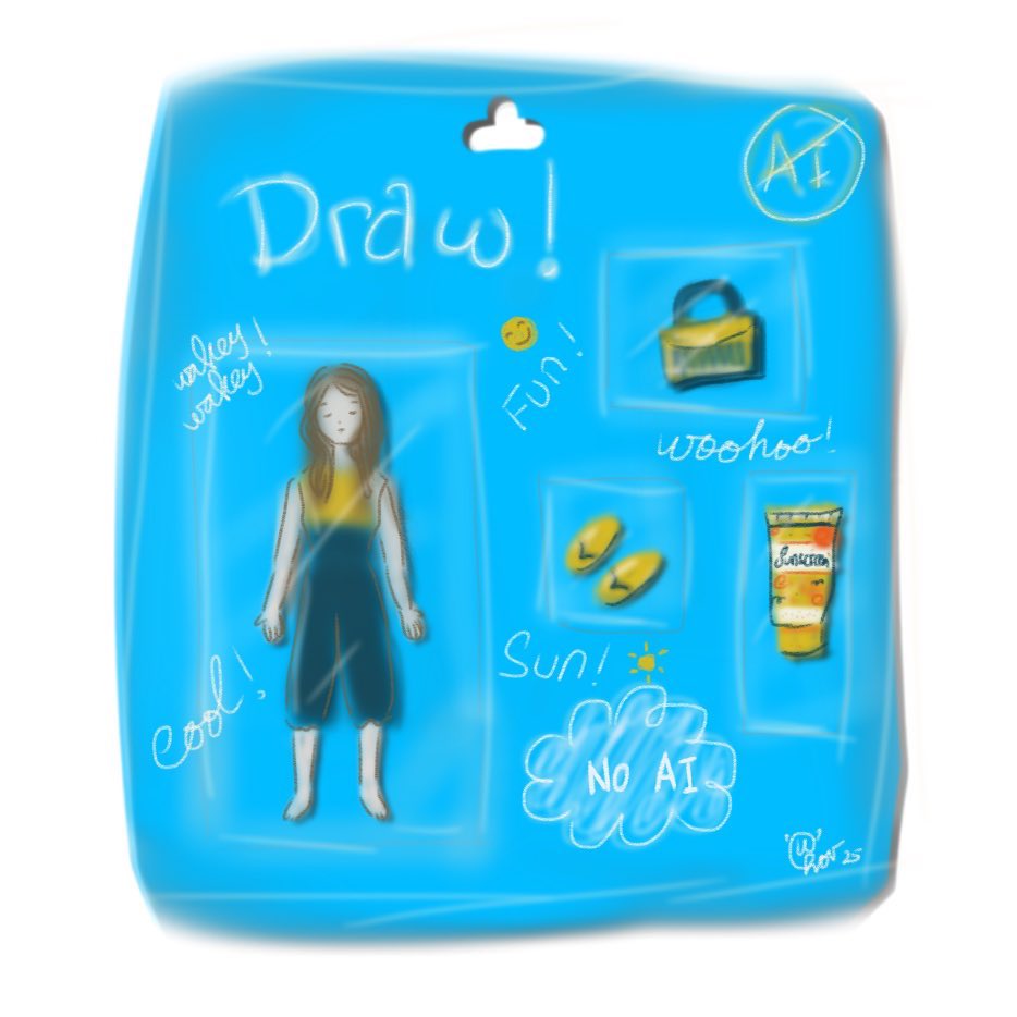 uchova's tweet photo. Drew this mockup #StarterPackNoAI on a whim after seeing all sorts of beauty brand (including brands I thought care about the environment) using genAI #StarterPack instead of just drawing or just paying someone to draw.  

(ceritanya produknya sunscreen) https://t.co/rCZ9LpI2Vd