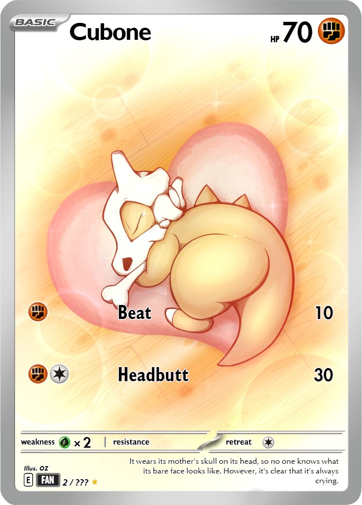 In addition to being the "Snom Card Guy" I also drew a cute Cubone that I feel like people kind of slept on, but I don't care I still love it and am very proud of this piece.