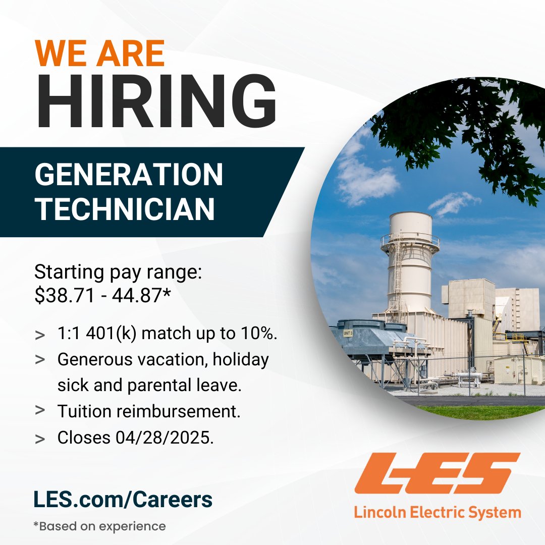 Looking for your next career? We've got you covered! 👀

Put your technical expertise to work as a Generation Technician in our district energy utility sites and power generation facilities. Visit LES.com/Careers to learn more and apply online! 🧡