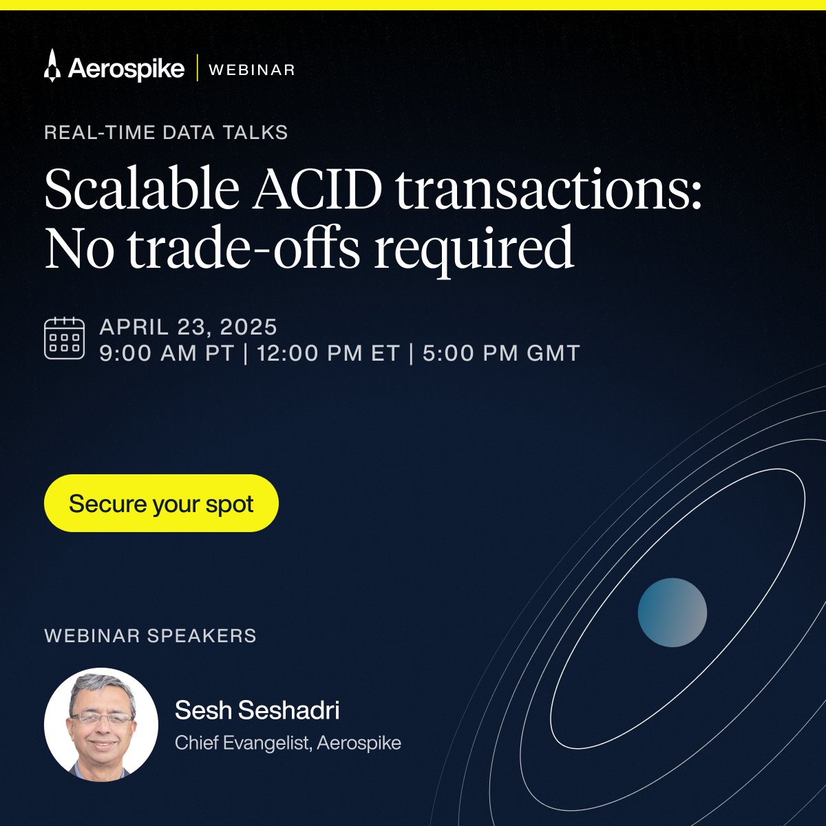 aerospikedb's tweet photo. On April 23rd join us for a #webinar to hear Chief Evangelist Sesh Seshadri explain why #ACIDtransactions are critical in distributed systems and how #Aerospike achieves high-throughput, low-latency transactions.

Register now: https://t.co/9TCoU7Wlkl https://t.co/r80cZbKQxu